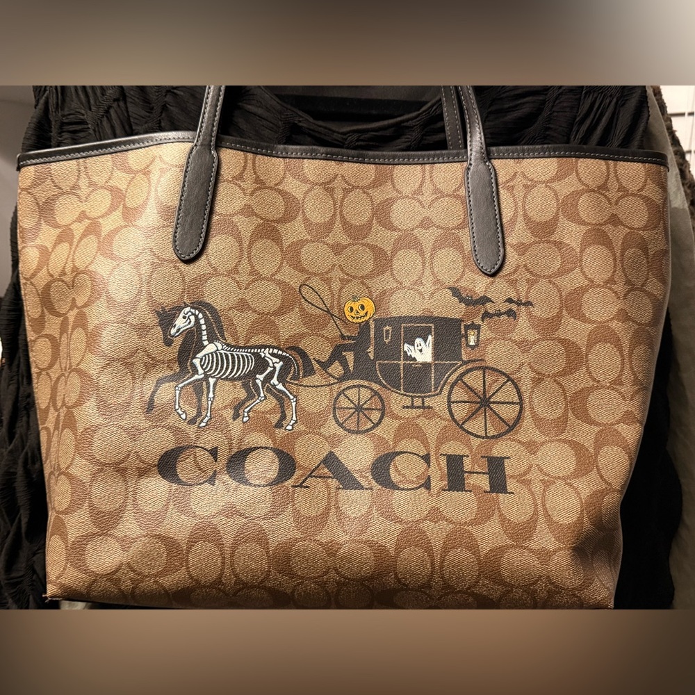 Coach Large Brown Tote with Halloween Carriage Design